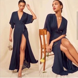 NWOT Reformation Winslow Maxi Dress Navy Blue B481 Viscose True Wrap Slit Vneck